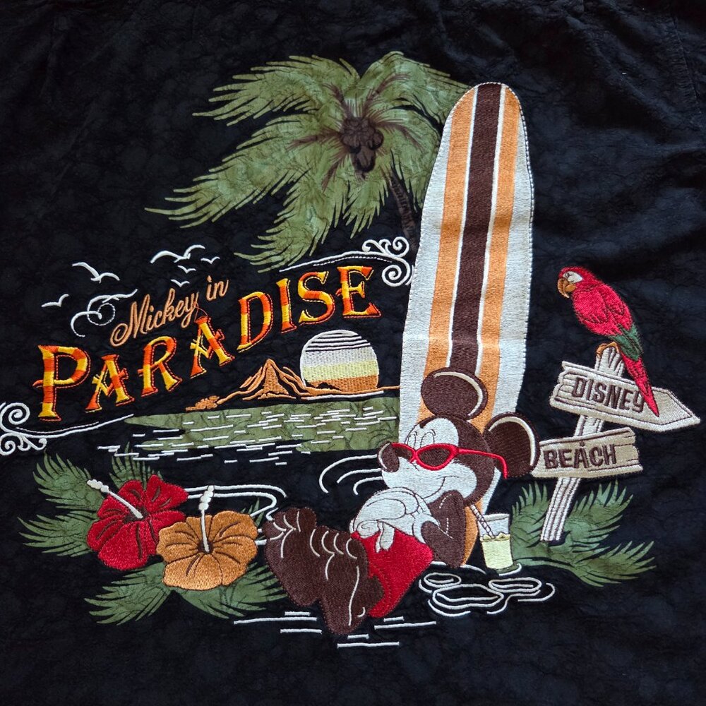 Disney Parks Mickey in Paradise Hawaiian Shirt Mens Lg Camp Beach Embroidered
